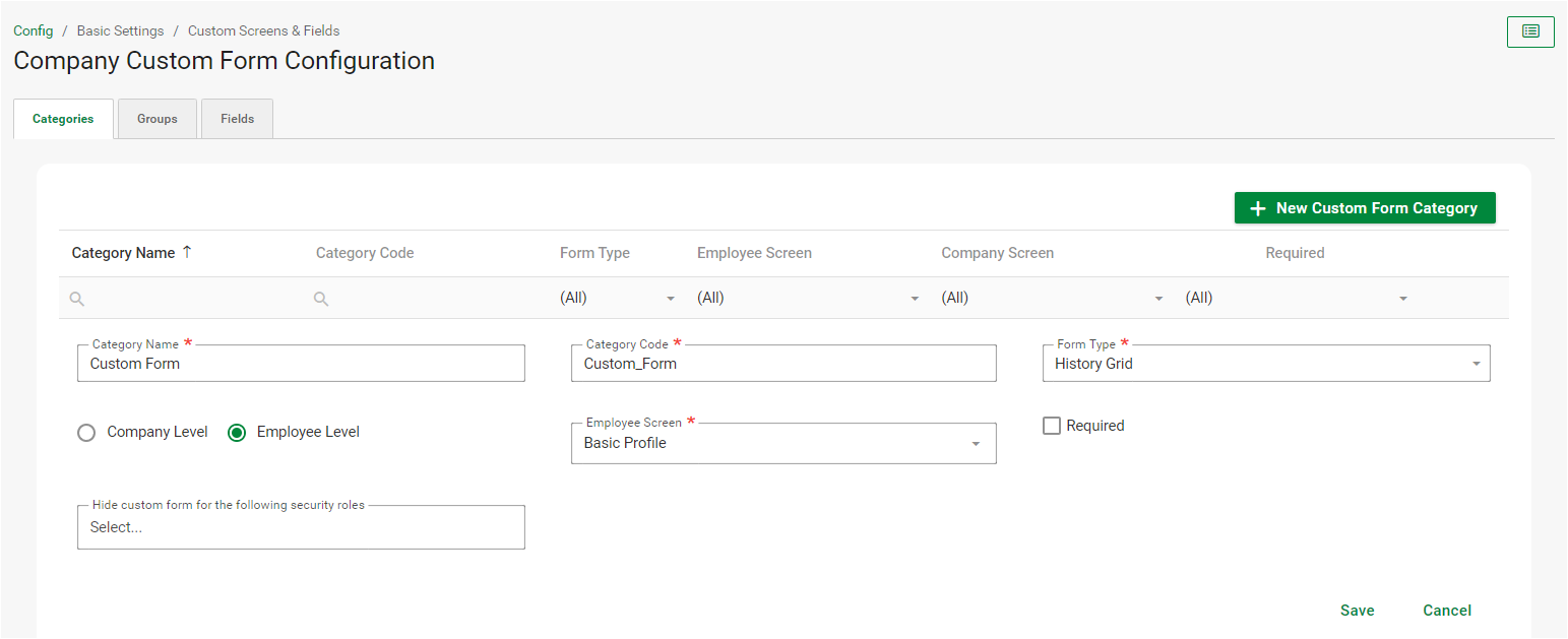 How do I configure the system to create custom screens on employee level?
